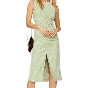 Love, Whit Pistachio Green Petite Floral Ruched Midi Dress High Slit Open Back L